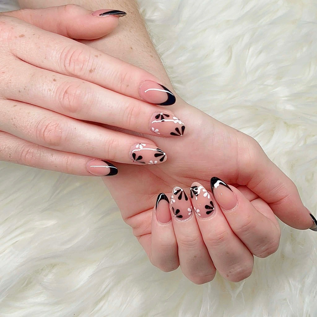 Black & White Floral French Tip